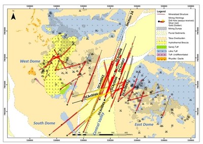 Figure 1. Simplified geology map and drill hole traces, yellow shows gold intercepts and red for silver at the Carangas Project (CNW Group/New Pacific Metals Corp.)