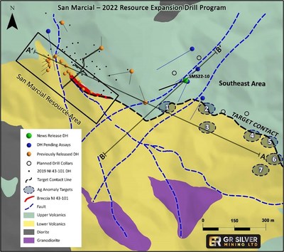 Figure 1:   Location of 2022 Drill Holes - Southeast Area and San Marcial Resource Area (CNW Group/GR Silver Mining Ltd.)