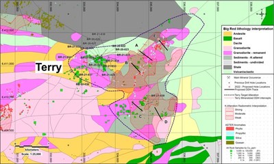 Figure 1: Geological interpretation map (from 2021 airborne data), strong potassic alteration located immediately southeast of the Terry porphyry Cu-Au discovery, with 2022 proposed drill hole locations (CNW Group/Libero Copper & Gold Corporation.)