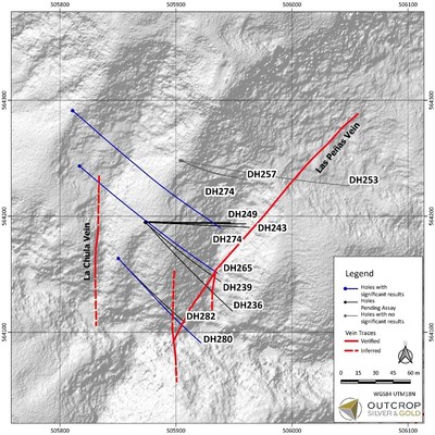 Map 1. Las Maras target area with drill holes and Las Peñas vein traces. (CNW Group/Outcrop Silver & Gold Corporation) Map 1. Las Maras target area with drill holes and Las Peñas vein traces. (CNW Group/Outcrop Silver & Gold Corporation)