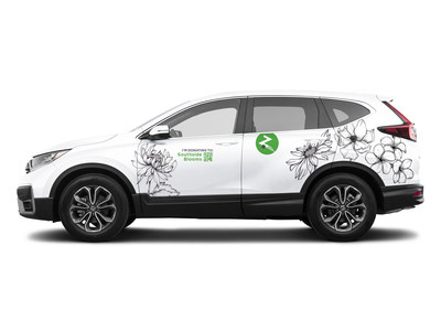A Zipcar, creatively wrapped with sketched flowers, can be reserved by the hour or day as part of the “Drive to Donate” program, which aims to raise $20K for Southside Blooms in Chicago, IL
