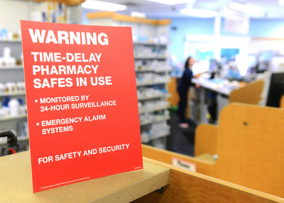 CVS Pharmacy locations now feature signs notifying customers about the chain's time-delay safe technology to help deter pharmacy robberies and diversion of controlled substance narcotic medications.