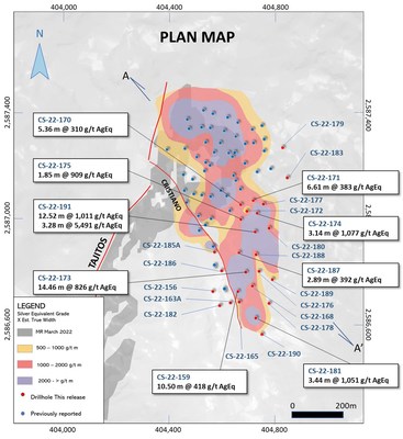 Figure 2: Plan map of Copala vein with drill-hole pierce points. (CNW Group/Vizsla Silver Corp.)