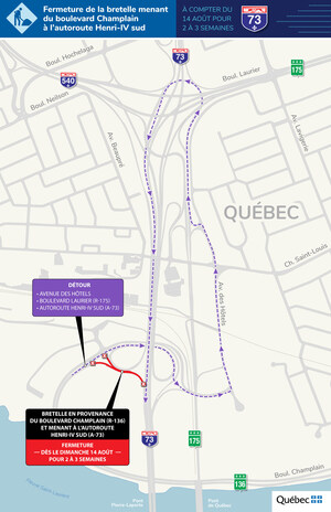 Réfection de l'autoroute Henri-IV (A-73) et de trois structures à Québec - Entrave importante à prévoir à compter du 14 août