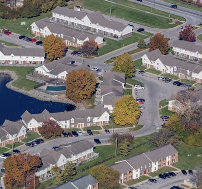 The 184-unit Country Lakes Townhomes in Indianapolis, one of three properties financed through Eastern Union, includes 23 two-story residential buildings and a one-story clubhouse.