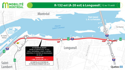 R132 est, entre la R134 et échangeur A20-A25, fin de semaine du 12 août (Groupe CNW/Ministère des Transports)