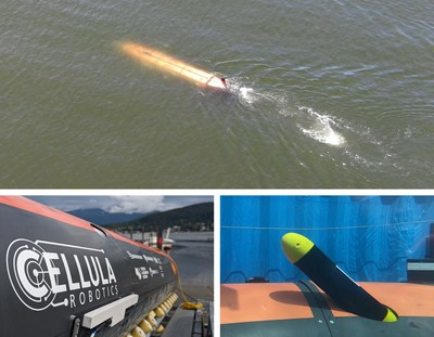 Clockwise from top: Solus-LR completing a dive mission, Solus-LR micro-AUV housing and Micro-AUV being launched from Solus-LR (CNW Group/Cellula Robotics Ltd.)