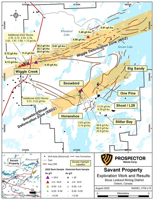 Figure 1. Key target areas and assay results from the Savant project (Prospector Metals Corp. News Release dated August 15, 2022). (CNW Group/Capella Minerals Limited)