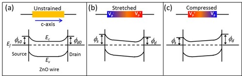 Working mechanism for piezotronic devices with two ends fixed with electrodes on a flexible substrate. This asymmetric tuning of the Schottky barrier height is the piezotronic effect.