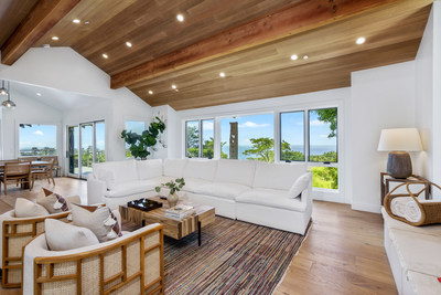 Spindrift, a three-bedroom Pacaso home in Carmel, available for $788,000 for 1/8 ownership. Light pours into the upper-level living and family rooms of this home, each with a fireplace, vaulted wood ceilings with dimension and access to an expansive wrap-around, ocean-facing deck.