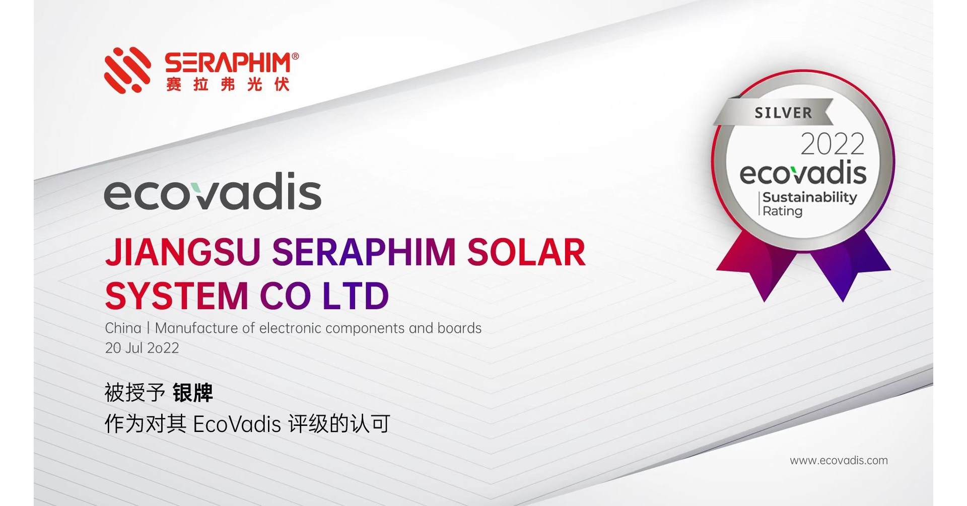 Xinhua Silk Road: Seraphim recebe medalha de prata na classifica&ccedil;&atilde;o de responsabilidade social corporativa da EcoVadis
