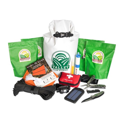 Valley Food Storage Bug Out Bag with survival gear, critical tools to respond to an emergency, and nonperishable food and water resources.