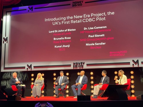 The launch of Project New Era was the headline panel at the Money 20/20 fintech conference in Amsterdam on 9th June this year, and featured Lord Anthony St John (House of Lords), Dr. Lisa Cameron MP (House of Commons), Brunello Rosa (Rosa & Roubini Associates), Paul Sisnett (SMD Group / paywith.glass), Kunal Jhanji (BCG) and Nicole Sandler (Barclays). The launch of Project New Era was the headline panel at the Money 20/20 fintech conference in Amsterdam on 9th June this year, and featured Lord Anthony St John (House of Lords), Dr. Lisa Cameron MP (House of Commons), Brunello Rosa (Rosa & Roubini Associates), Paul Sisnett (SMD Group / paywith.glass), Kunal Jhanji (BCG) and Nicole Sandler (Barclays).