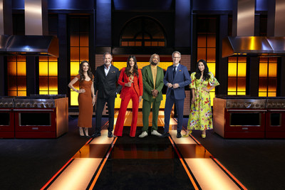 Top Chef Canada, Season 10 Key Cast. (L-R): Janet Zuccarini, Mark McEwan, Eden Grinshpan, David Zilber, Chris Nuttall-Smith, and Mijune Pak. Photo Credit: Mike Ford / Food Network Canada. (CNW Group/Corus Entertainment Inc.)