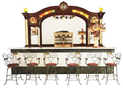 19th-century soda fountain front and backbar with lighted front fountain and Charles Lippincott 10-position marble soda dispenser; originally in a Helena, Arkansas café that opened in 1888. Size: 161¼in long by 130in high. Estimate $60,000-$100,000