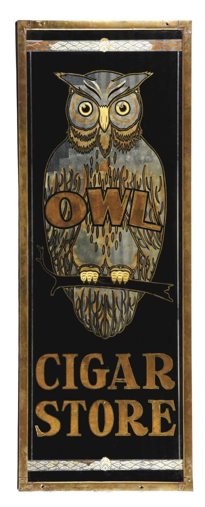 Antique reverse-on-glass Owl Cigar Store sign, possibly one of a kind. Size: 80 x 30¼in. Estimate $30,000-$60,000