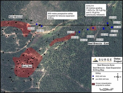 Figure 5. Seel Breccia East showing 2022 drill holes. (CNW Group/Surge Copper Corp.)