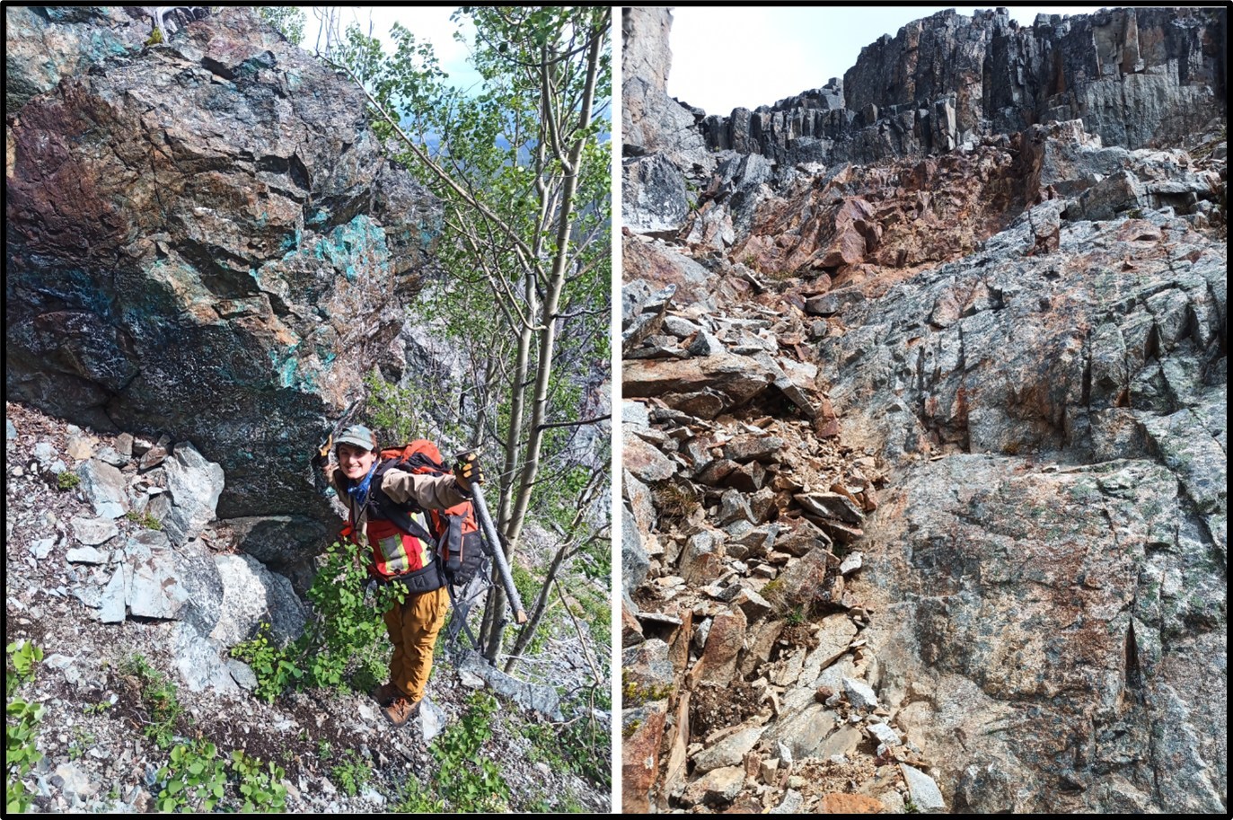 Figure 2. Photos of 2022 exploration program. Left: Large outcrop of green copper stained rock (malachite) discovered north of the Sylvia prospect by contractors Anomalous Exploration Ltd. Right: steeply dipping zone of hematite stained (red) K-feldspar-magnetite-chalcopyrite alteration located east of Bergette. (CNW Group/Surge Copper Corp.)