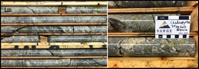 Figure 6. Photos from 2022 drilling at Seel Breccia East. Left, hole S21-316 brecciated rock with pyrite-chalcopyrite-carbonate matrix. Right, hole S22-321, breccia mineralization containing chalcopyrite in an iron carbonate matrix. (CNW Group/Surge Copper Corp.)