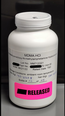 Photo of a released plastic bottle containing clinical-grade MDMA (CNW Group/PharmAla Biotech Inc.)