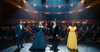 French baritone Alexandre Duhamel, Grammy®-award winning soprano Renée Fleming, world-renowned tenor Piotr Beczala and featured performer Axelle Fanyo perform well-known opera selections in Renée Fleming’s Cities That Sing – Paris, exclusively in IMAX theatres September 18, 2022. Courtesy of IMAX® and Stage Access.