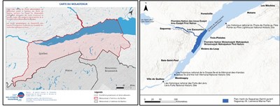 Carte de gauche: Carte du Wolastokuk - Carte de droite:  Lieux administrés par Parcs Canada situés sur le Wolastokuk: le parc marin du Saguenay-Saint-Laurent, les lieux historiques nationaux des Forts-de-Lévis, de la Grosse-Île-et-le-Mémorial-des-Irlandais et du Phare-de-Pointe-au-Père. (Groupe CNW/Parcs Canada)