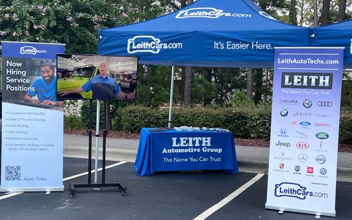 LeithCars.com career opportunity display at Cars and Coffee Morrisville.