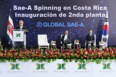 Woong-ki Kim, the Chairman of Global Sae-A Group is giving a speech at the completion ceremony for its second spinning mill in Coris, Cartago.
