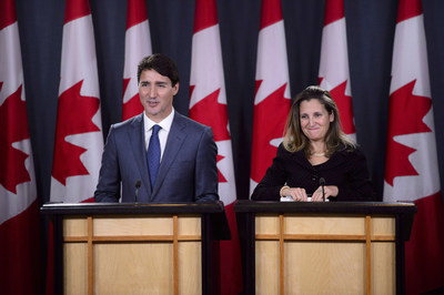 ” Justin Trudeau and Chrystia Freeland standing at podiums in front of Canadian flags” (CNW Group/Unifor)