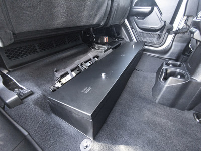 Tuffy Security Products offers a full width under rear seat lockbox that fits discreetly under the rear seat that does not interfere with passenger foot room.