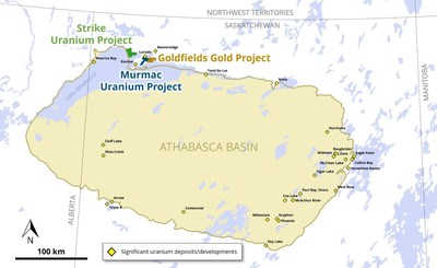Figure 1: Location of the Murmac, Strike and Goldfields Projects relative to the Athabasca Basin. (CNW Group/Fortune Bay Corp.)