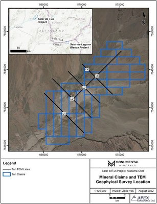 Figure 1. Location of the Salar de Turi Project and the 31 claims (8,500 ha) that it encompasses. Map also includes the transient electromagnetic (TEM) survey lines (L1 to L5) contracted by Lithium Chile in 2019. (CNW Group/Monumental Minerals Corp.)