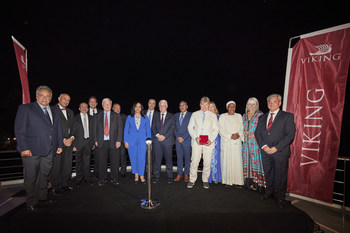 Viking Chairman Torstein Hagen, Viking Executive Vice President Karine Hagen, the Earl and Countess of Carnarvon and dignitaries and partners during the naming of the Viking Osiris in Luxor, Egypt. For more information, visit www.viking.com.