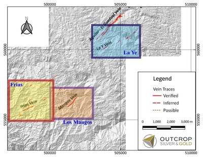 Map 2. Detailed location map from Los Mangos, La Ye and Frias Targets. (CNW Group/Outcrop Silver & Gold Corporation) Map 2. Detailed location map from Los Mangos, La Ye and Frias Targets. (CNW Group/Outcrop Silver & Gold Corporation)