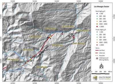 Map 3. Los Mangos target with sample assays from this release. (CNW Group/Outcrop Silver & Gold Corporation) Map 3. Los Mangos target with sample assays from this release. (CNW Group/Outcrop Silver & Gold Corporation)