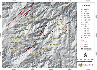 Map 4. La Ye target detailed map with sample assays from this release. (CNW Group/Outcrop Silver & Gold Corporation) Map 4. La Ye target detailed map with sample assays from this release. (CNW Group/Outcrop Silver & Gold Corporation)