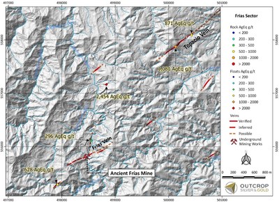 Map 5. Frias target with sample assays from this release. (CNW Group/Outcrop Silver & Gold Corporation) Map 5. Frias target with sample assays from this release. (CNW Group/Outcrop Silver & Gold Corporation)