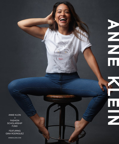 Actress Gina Rodriguez models the winning t-shirt design by Valeria Nicole for Anne Klein's Scholar Design Competition which benefits the Fashion Scholarship Fund (FSF). The commemorative tee will be on sale at anneklein.com and macys.com.