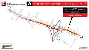 Réfection majeure du tunnel Louis-Hippolyte-La Fontaine - Fermeture complète de l'autoroute 25 en direction de la Rive-Sud du 26 au 29 août