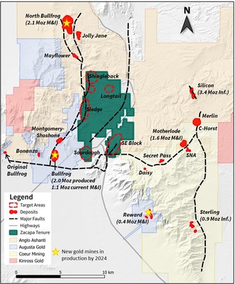 Figure 1 – Beatty District land tenure map with deposits and Zacapa target areas. Moz = Million ounces, M&I = Measured and Indicated, Inf. = Inferred. Table 2 summarizes the displayed resource estimates. The deposits/mines within the Beatty District provide geologic context for the South Bullfrog project but are not necessarily indicative that the South Bullfrog project hosts similar mineralization, grades, or tonnages of mineralization. Total production from the Bullfrog Mine is 2.33 Moz from 26,131,942 tonnes at 2.98 grade gold (1989-1996)3. (CNW Group/Zacapa Resources)