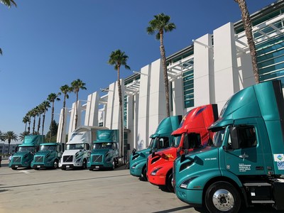 The Volvo LIGHTS Roundup event featured a display of Volvo VNR Electric trucks from project participants, including NFI, Penske Truck Leasing (Penske), Medline, Quality Custom Distribution (QCD), 10 Roads Express, Saia and SCE.