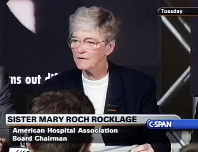 Mercy's Sister Roch was passionate about health care for all, no exceptions. This C-SPAN snapshot was in 2002 when Sister Roch served as  board chair for the American Hospital Association.