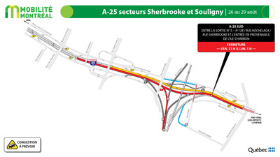 A25 sud, secteur rues Sherbrooke et Notre-Dame Est, fin de semaine du 26 aot (Groupe CNW/Ministre des Transports)