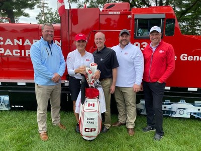 Lorie Kane pictured (left to right) with CP representatives, Mark Redd, Executive Vice-President Operations, James Clements, Senior Vice-President, Strategic Planning and Technology Transformation, Chad Becker, Chief of Administration and Corporate Events, and John Brooks, Executive Vice-President and Chief Marketing Officer, after completing her round Friday at the CP Women's Open at the Ottawa Hunt and Golf Club. (CNW Group/Canadian Pacific)