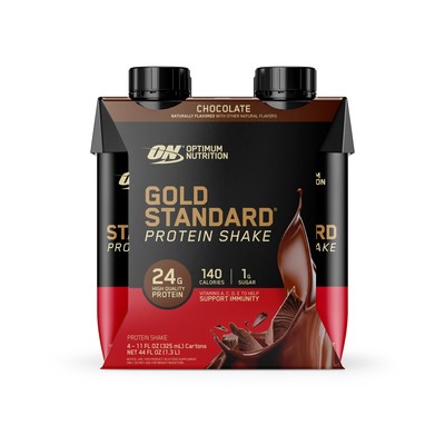 The new Gold Standard Protein Shake was designed to delight in chocolate and vanilla flavors, and formulated with 24 grams of protein per serving. Both flavors come in 4-count packs for <money>$8.48</money> and 12-count packs for <money>$24.99</money>, with select sizes and flavors available in-store at Walmart locations nationwide and online at Walmart.com, OptimumNutrition.com and Amazon.com.