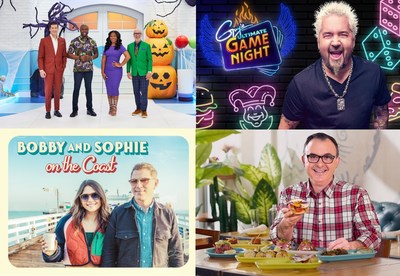 L to R: The Big Bake: Holiday’s host Brad Smith and judges Eddie Jackson, Danni Rose and Ron Ben-Israel; Guy’s Ultimate Game Night host Guy Fieri; Bobby and Sophie on the Coast hosts Sophie and Bobby Flay; Big Food Bucket List host John Catucci. Images courtesy of Food Network Canada. (CNW Group/Corus Entertainment Inc.)