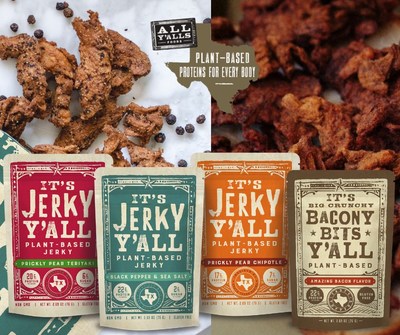 It's Jerky Y'all in Prickly Pear Teriyaki, Black Pepper & Sea Salt, and Prickly Pear Chipotle Jerky snacks and It's Big Crunchy Bacony Bits Y'all toppings from All Y'alls Food. Our Bacony Bits hit number one meatless bacon on Amazon just a few months after launching in 2020.