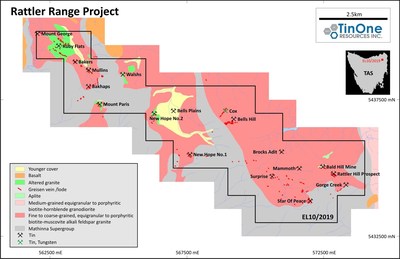 Figure 2: Rattler Range tin project summary geology and key prospects (CNW Group/TinOne Resources Corp.)