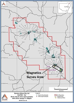 Figure Two – Magnetics Survey Area on map of rock chip/mine spoil samples with Ag > 50 ppm (CNW Group/MegaWatt Lithium and Battery Metals Corp.)