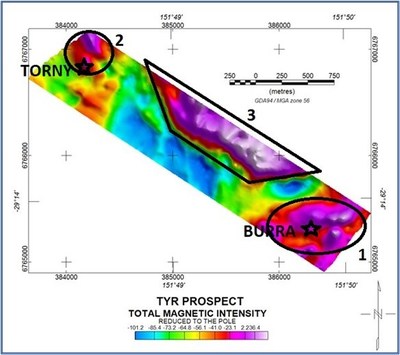 Figure Three – Total Magnetic Imagery, Reduced to Pole, with the 3 main Target Areas for drilling. (CNW Group/MegaWatt Lithium and Battery Metals Corp.)